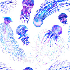 Wall Mural - Pattern seamless jellyfishes Colorful repeat texture wallpaper design illustration Watercolor in bright style vivid blue purple violet medusa isolated on white background