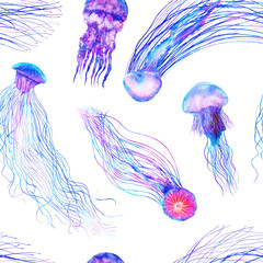 Wall Mural - Pattern seamless jellyfishes Colorful repeat texture wallpaper design illustration Watercolor in bright style vivid blue purple violet medusa isolated on white background