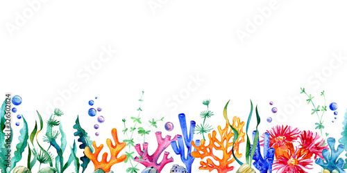 Oceanic watercolor seamless border with marine plant, seaweed, coral reef, leaves, stones and air bubbles. Underwater creature. Perfect for invitations, party decorations,print.