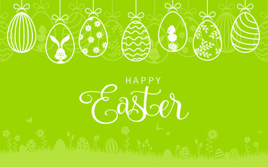 Wall Mural - happy easter card with easter bunny and hanging easter eggs background