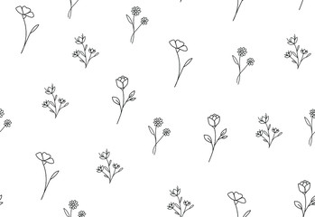 Wall Mural - Seamless pattern with hand drawn flowers isolated on white background. Vector floral ornament, good for print, apparel, textile, fabric and wallpaper