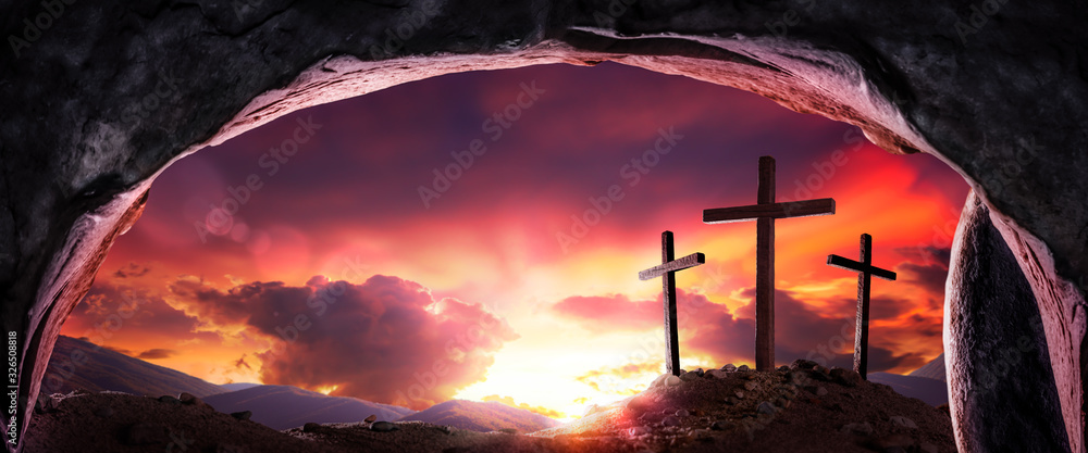 View Of Three Wooden Crosses And Sunrise From Open Tomb - Death And Resurrection Of Jesus Christ - obrazy, fototapety, plakaty 