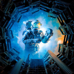 Wall Mural - searching for survivors / 3d illustration of science fiction scene with astronaut discovering human 