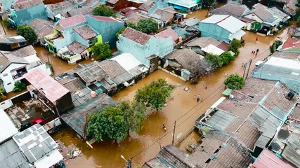 Wall Mural - Aerial POV view Depiction of flooding. devastation wrought after massive natural disasters. 2.7K resolution video