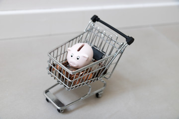 Happy piggy bank with a shopping cart full of dollars