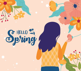 Poster - hello spring woman holding flowers floral nature decoration