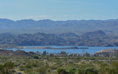 Wall Mural - A view of Katherine Landing at the border of Arizona and Nevada on Mohave Lake. Lake Mead National Recreation Area, Mohave County, Arizona USA