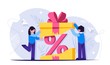 Customer loyalty program. Discount as a gift inside the box with a bow. Unexpected surprise. Pprofitable offer to buy a product or service. Vector isolated illustration.