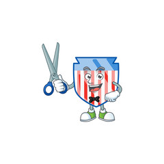 Sticker - Happy smiling barber USA stripes shield mascot design style