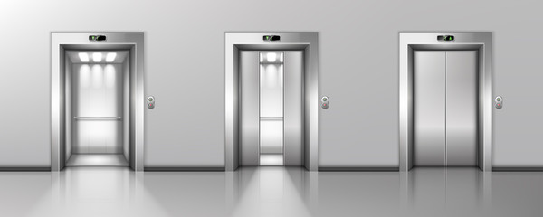 Open and closed elevator doors in office hallway. Vector realistic empty modern interior with lift, metal panel with buttons and floor display on wall in hall of hotel or house