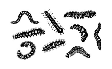 Set spring and summer caterpillar icons. Black caterpillars with different silhouette on white background. For festive card, logo, children, pattern, tattoo, decorative, concept. Vector illustration