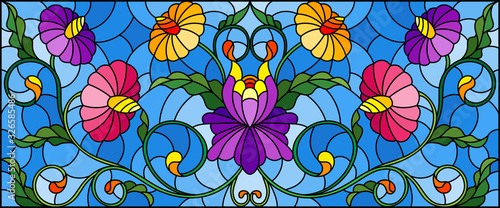 Naklejki zamiast firanki na okna  ilustracja-w-stylu-witrazu-z-abstrakcyjnymi-wirami-kwiatami-i-liscmi-na-niebieskim-ba