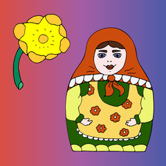 Matryoshka (Babushka). Traditional Russian doll. Hand painted. National folklore design. Russian beauty in an apron and scarf. Vector cartoon style illustration for cards, flyers, backgrounds, banners