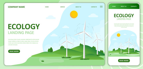 Wind energy. Flat ecology landing page template.