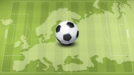 green football field with traditional soccer ball 3d illustration against europe map on green footba