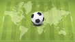 © vaalaa - green football field with traditional soccer ball 3D illustration against world map on green football grass pitch background. Top down wide view. Sport wallpaper. Design mockup