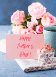 Fototapeta Tulipany - Happy mothers day greetings. Holiday greeting card with lettering text, cup of tea and cupcake