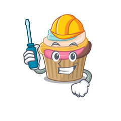 Sticker - cartoon character style rainbow cupcake working as an automotive