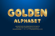 © alenes - Golden alphabet. Rich bold vector font, uppercase and lowercase letters, numbers, punctuation marks, currency symbols. Dark blue gradient background.