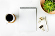 Flat lay fashion feminine home office workspace with succulent, cup of coffee, blank paper notebook, pen and clips. Top view. copy space. Mockup concept