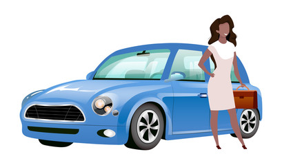 Businesswoman standing by car flat color vector faceless character. African american woman holding briefcase near mini cooper isolated cartoon illustration for web graphic design and animation