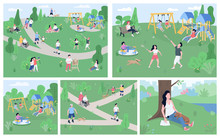Rest In Park Flat Color Vector Illustrations Set. 2D Cartoon Characters Enjoying Open Air Activities, Countryside Relax. Children Playgrounds Equipment, Recreational National Park Landscape