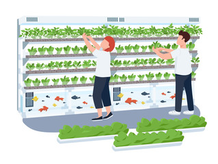 Wall Mural - Greenery showcase 2D vector web banner, poster. People in flower shop, gardeners flat characters on cartoon background. Aquaponics, houseplants printable patches, colorful web elements