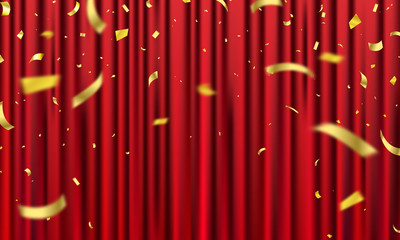 Red curtain background. Grand opening event design. confetti gold ribbons. luxury greeting rich card.