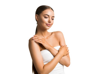 Wall Mural - beautiful female touching hand skin clean natural make up fresh skin model beauty woman concept heal