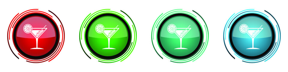 Fototapete - Tropical drink, alcohol, bar, martini in glass set of buttons for webdesign, internet and mobile phone applications in four colors options isolated on white background