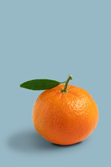 Tangerine with leaf over light blue background