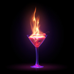 Cocktail with fire flame on black background