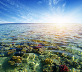 Sea with coral reef and clouds