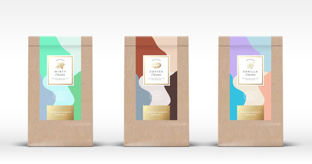 Wall Mural - Craft Paper Bag with Chocolate Labels Set. Abstract Vector Packaging Design Layout with Realistic Shadows. Hand Drawn Mint and Vanilla Spice and Coffee Bean Sketch Silhouettes Background.
