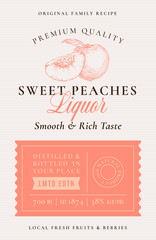 Wall Mural - Family Recipe Peaches Liquor Acohol Label. Abstract Vector Packaging Design Layout. Modern Typography Banner with Hand Drawn Peach with a Slice Silhouette Logo and Background.