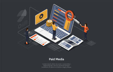 Paid Media Marketing Concept, Pay Per Click, PPC Campaign, Marketing platform, Online Documentation Inspection, Identity Development. Paid Media, Digital Auditing. Isometric Vector Illustration