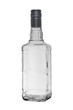Empty glass bottle of square shape for whiskey, closed with a metal stopper. Isolated on a white background