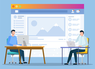 Programming and web design of social media page interface. People working on site, developing structure and its look. Coders using computers and laptop to create application for network vector