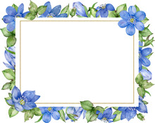 Blue Floral Frame. Wedding Invitation And Birthday Card. Hand-drawn Watercolor Illustration.