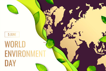Wall Mural - Banner for World Environment Day with layers of cut paper and fresh green leaves. Ecology, environment safety concept. Vector illustration for poster, banner, card, cover, flyer.