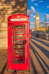 Fototapete - London with red phone booth against Big Ben in England, UK