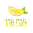 Easy peasy lemon squeezy vector illustration theme. Fresh half cut lemon fruit, citrus with writing, quote. Isolated.