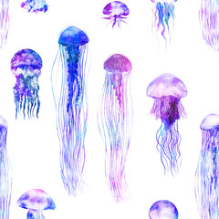 Wall Mural - Pattern seamless jellyfishes Colorful repeat texture wallpaper design illustration Watercolor in bright style vivid blue purple violet medusa isolated on white background