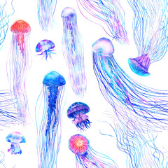 Wall Mural - Pattern seamless jellyfishes Colorful repeat texture wallpaper design illustration Watercolor in bright style vivid blue purple violet medusa isolated on white background