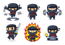 Black Ninja Cartoon Collection In Various Poses Set
