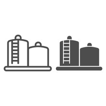 Fuel Storage Line And Solid Icon. Tank Farm With Liquid. Oil Industry Vector Design Concept, Outline Style Pictogram On White Background.
