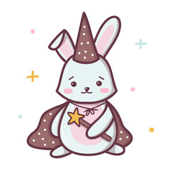 Wall Mural - Magic rabbit with a magic wand. Kawaii cartoon character isolated on a white background. Vector illustration.