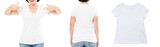 Fototapeta  - T shirt design and people concept - close up of middle age woman in blank white t-shirt, tshirt front and rear isolated. Mock up. White t shirt close up on white background