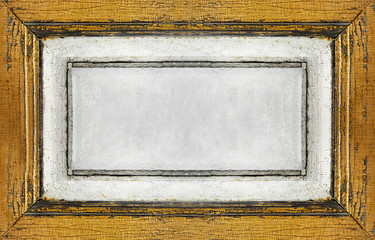 empty white board with cracked paint and a frame covered with peeling yellow paint, retro, vintage