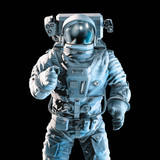 Fototapeta  - Pointing at you astronaut / 3D illustration of dramatically lit astronaut pointing index finger on black background